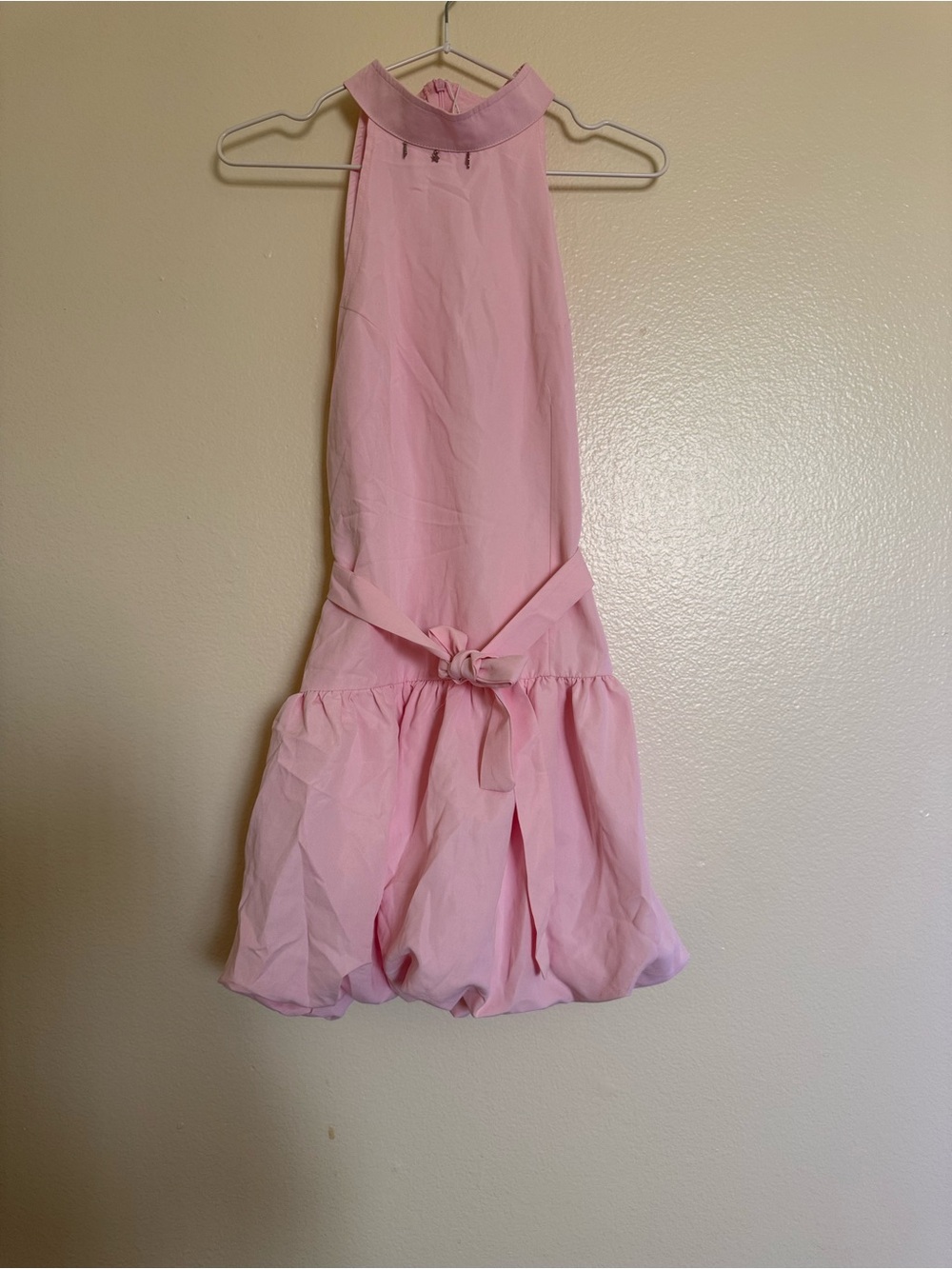 Pink Halter Tie-Waist Bubble Hem Mini Dress